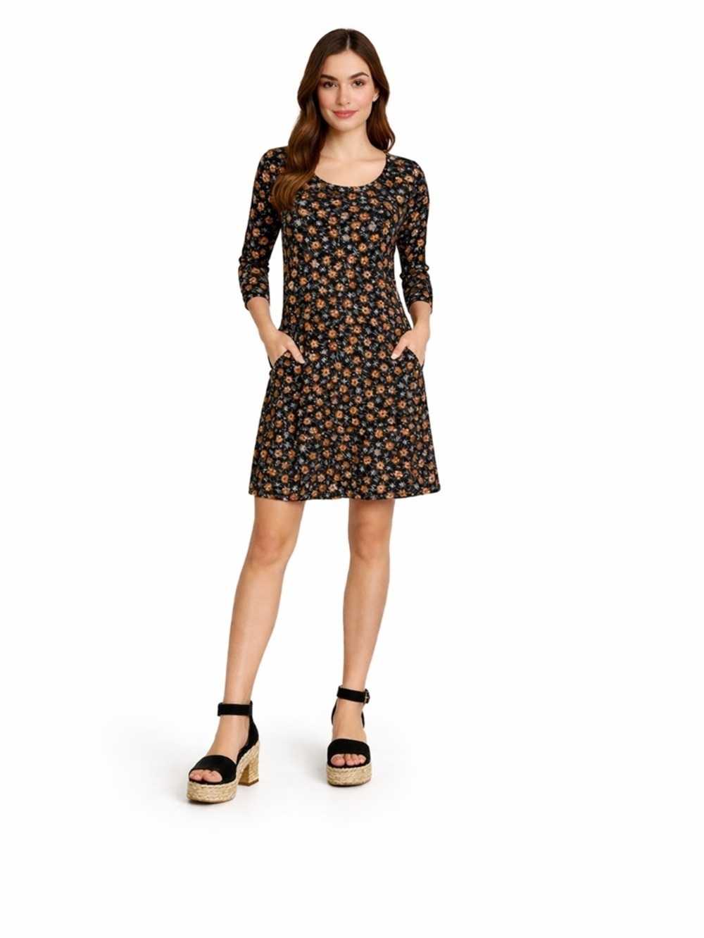 Trendyland Black Floral Mini Dress Pockets 3/4 Sleeve Casual Boho Fall Sz. 2XL